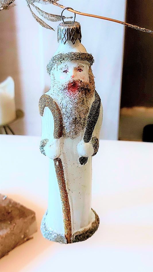 Vintage Czech Republic, Glass Blown, Hand Painted Christmas Tree Ornament - Thin Santa White (reduced)