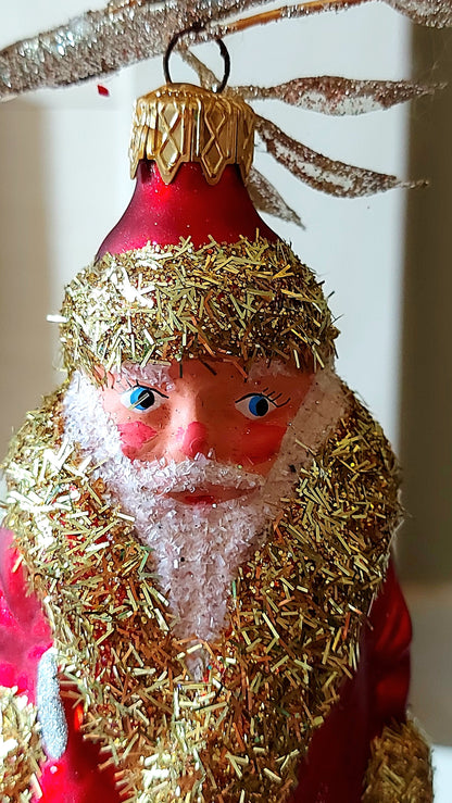 Vintage Czech Republic, Glass Blown, Hand Painted Christmas Tree Ornament - Large Santa Red/Gold