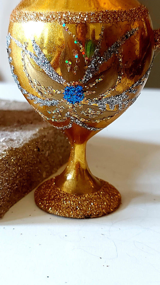 Vintage Czech Republic, Glass Blown, Hand Painted Christmas Tree Ornament - Genie Lamp gold/silver