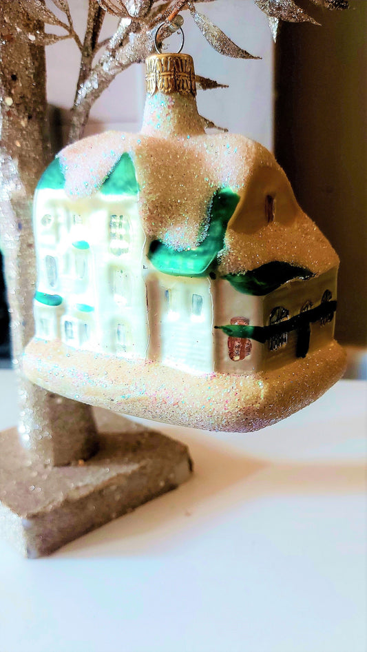 Vintage Czech Republic, Glass Blown, Hand Painted Christmas Tree Ornament -Large White House